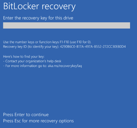 The Windows BitLocker recovery screen asking for the recovery key for the drive.