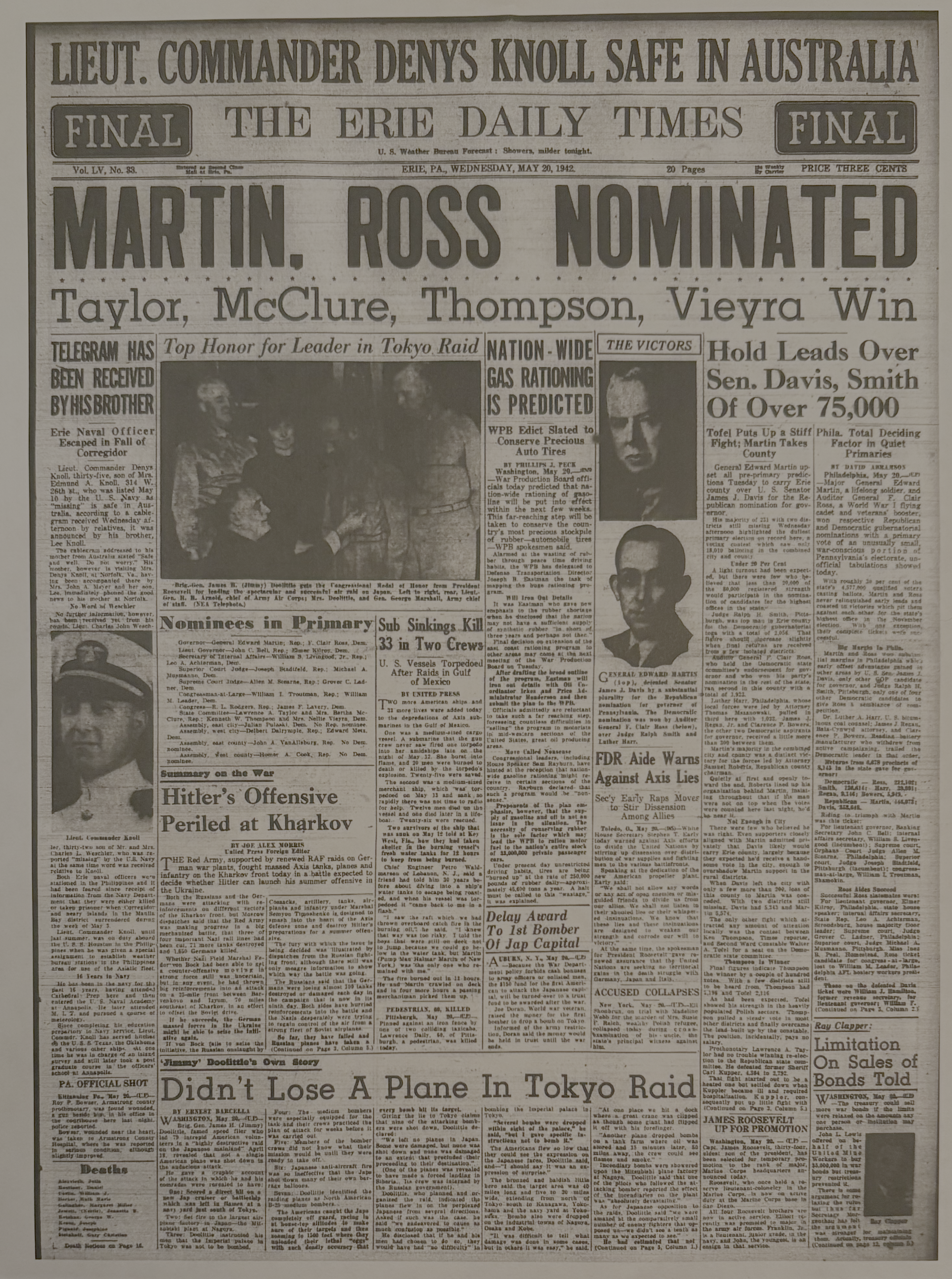 The Erie Daily Times article from May 20, 1942 found at the Blasco Library.