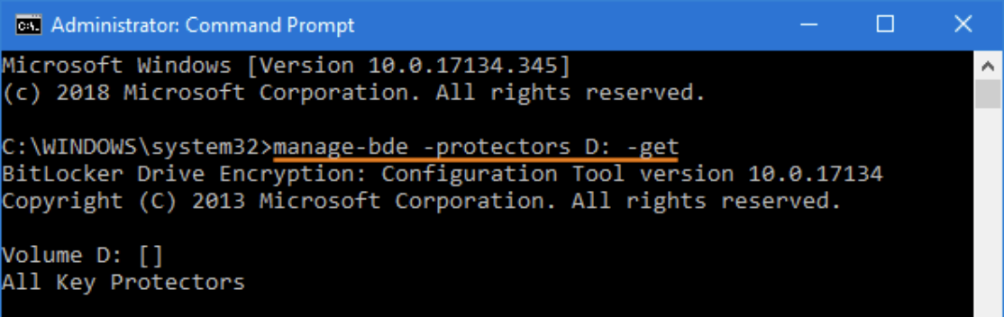 A Windows Administrator Command Prompt running the manage-bde BitLocker command.